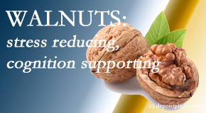 Lombardy Chiropractic Clinic shares a picture of a walnut which is said to be good for the gut and lower stress.